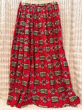 Susan Bristol Red Printed Maxi Skirt with Olive Accents